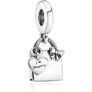 925 Sterling Silver Shopping Bag Charm I Love Shopping Pendant for Pandora Brace